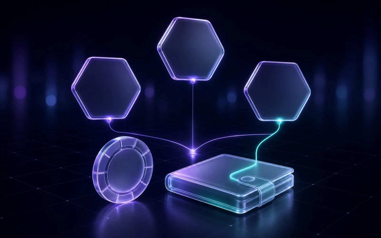 Three glass hexagons holding coin symbols, joined by thin lines of light above a dark grid, lit in violet and teal.