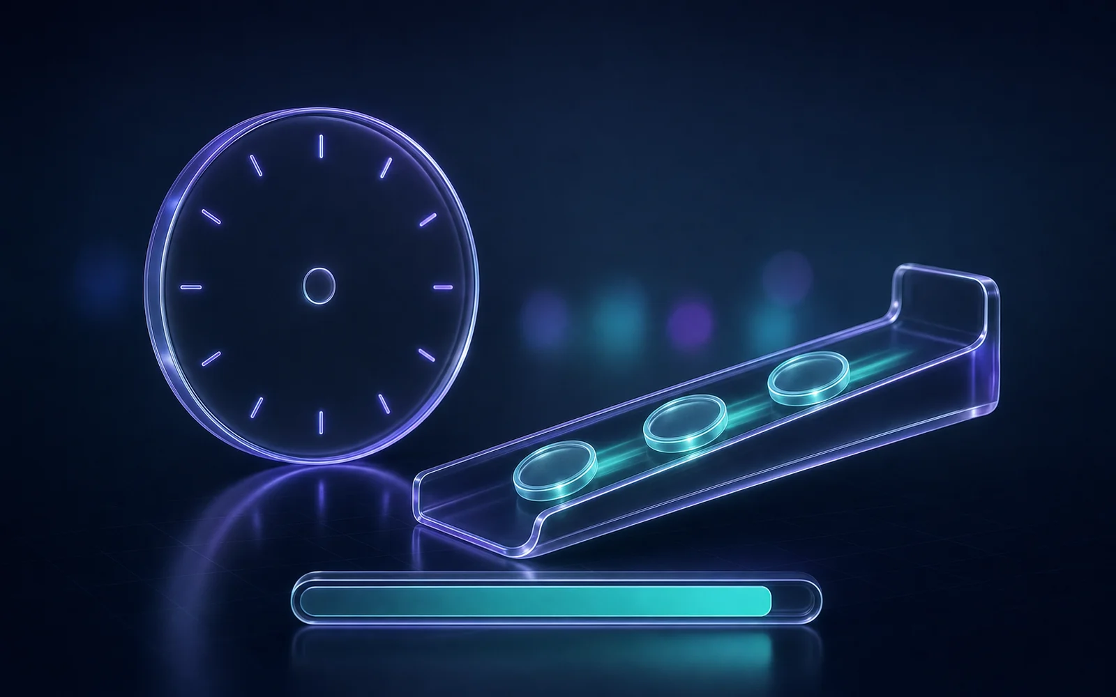 Two glass dials with no hands, one large and one small, beside a bright teal progress bar on a dark reflective grid.