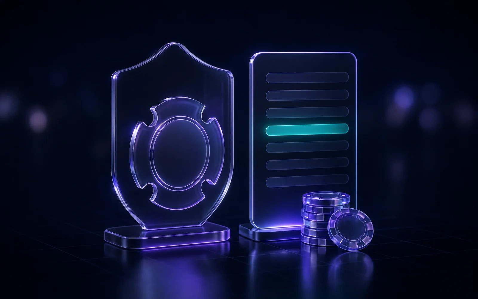 A glass certificate page with ruled lines, a notched seal to its left and a small shield to its right, lit violet and teal on a dark grid.