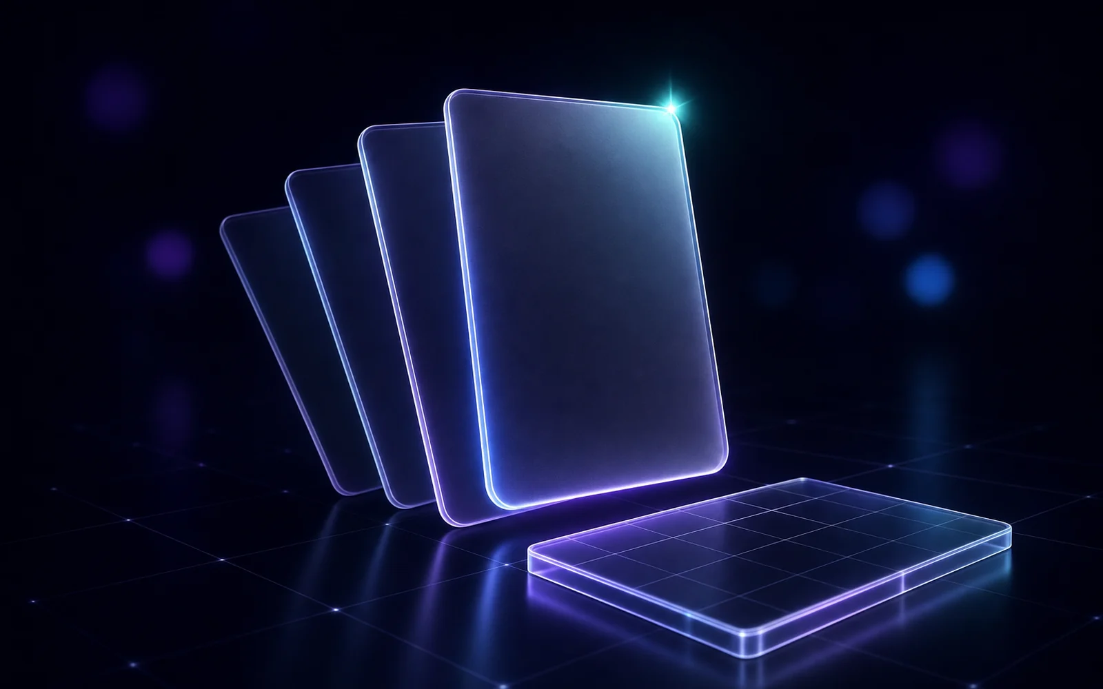 A row of blank glass cards receding into the dark, the nearest one lit violet and teal with a small spark above it.