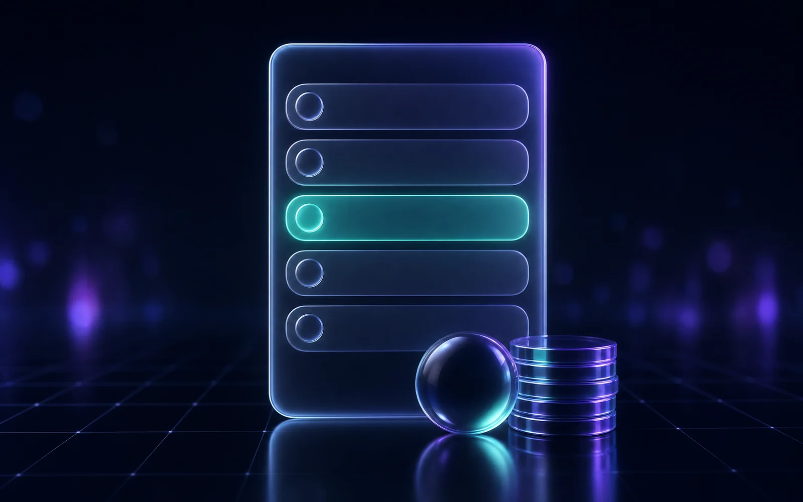 A glass tablet on a dark grid with a sphere on one half and a stack of chips on the other, divided by a thin line of teal light.