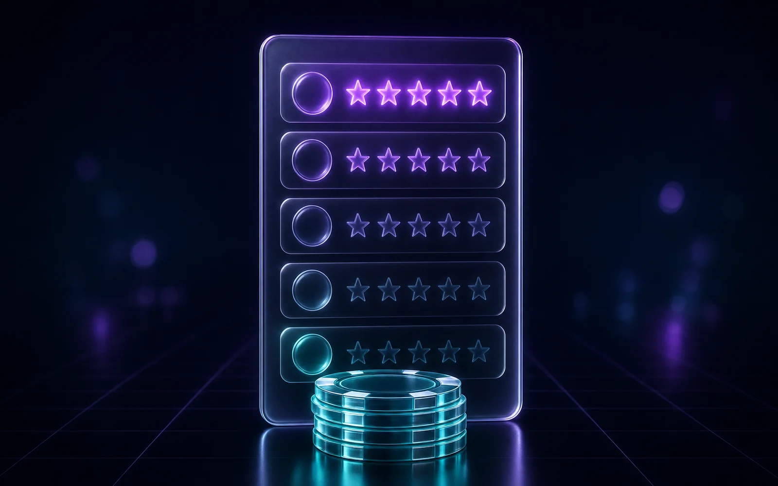 Glass bar chart of five descending columns lit in violet and teal, the tallest on the left, standing on a dark reflective grid.