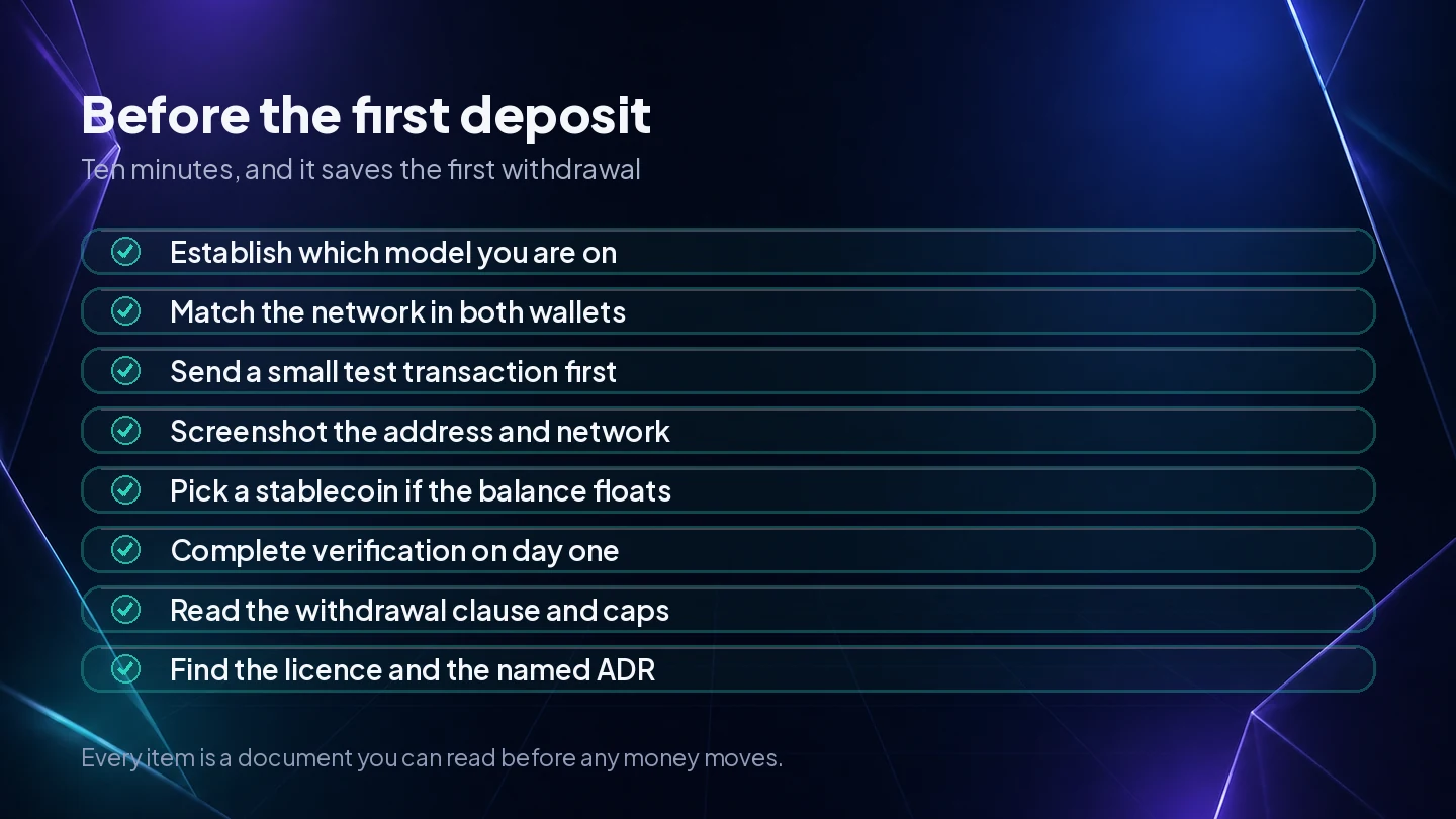 A checklist of eight things to confirm before a first crypto deposit, from matching the network to completing verification on day one