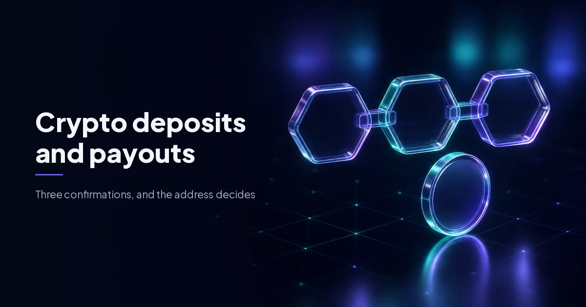 Three linked glass hexagonal blocks and a glass coin, cover image for crypto casino payments