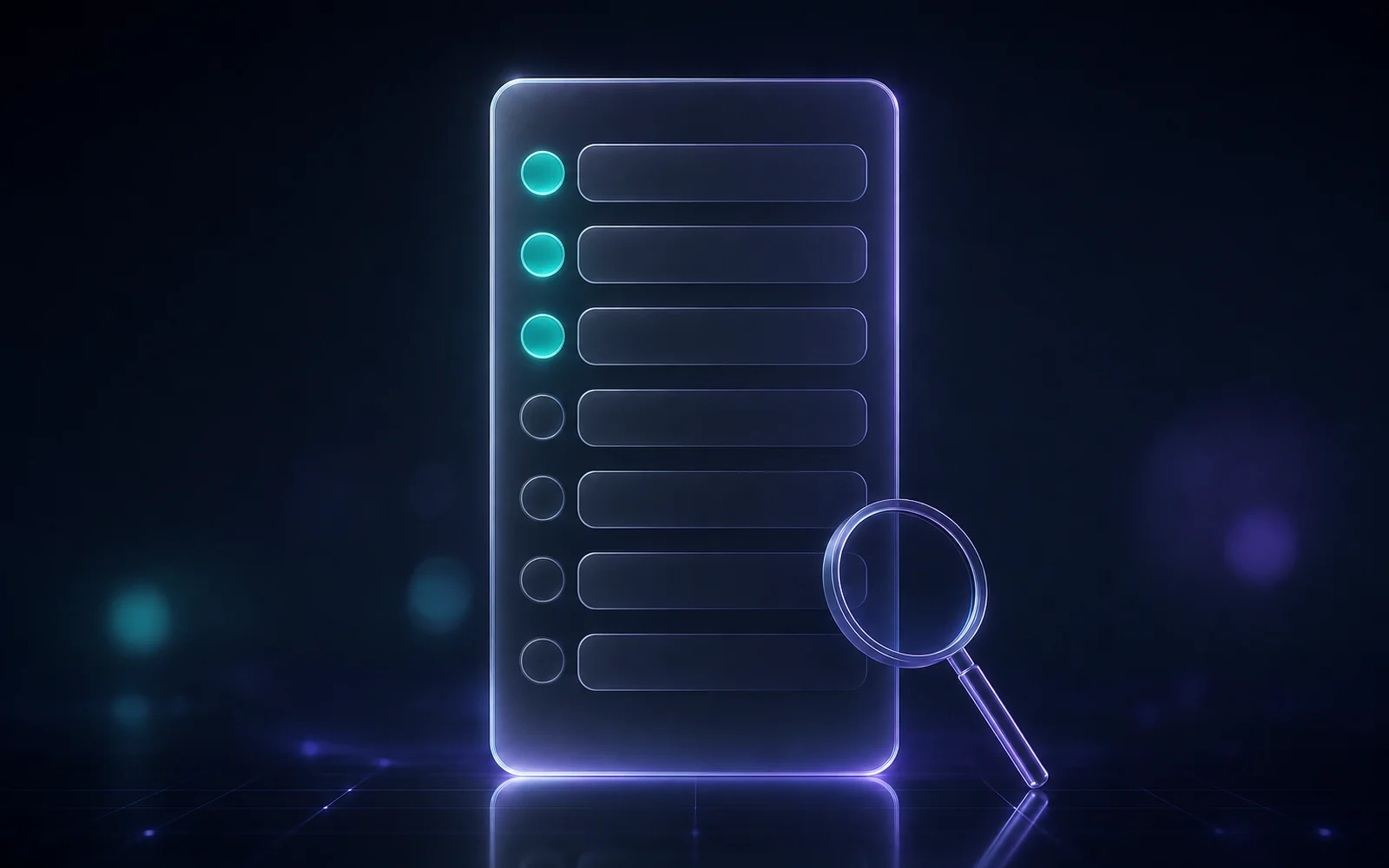 A dark glass panel holding seven frosted checklist rows, three of them ticked, illustration for choosing an online casino