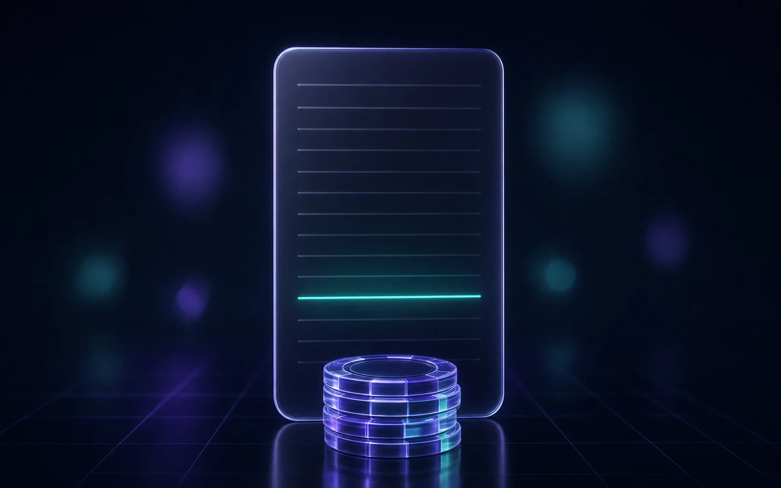 Tall glass document panel with one line highlighted in teal, a stack of glass casino chips in front of it