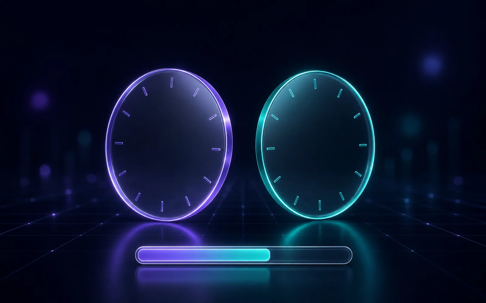 Two glass clock discs without hands beside a progress bar that is only part filled