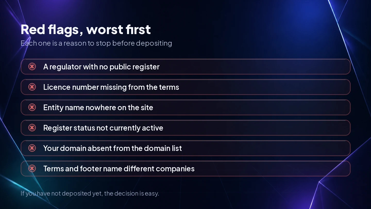 Six red flags when checking a casino licence, ordered by seriousness, from a regulator with no register to a mismatch between terms and footer