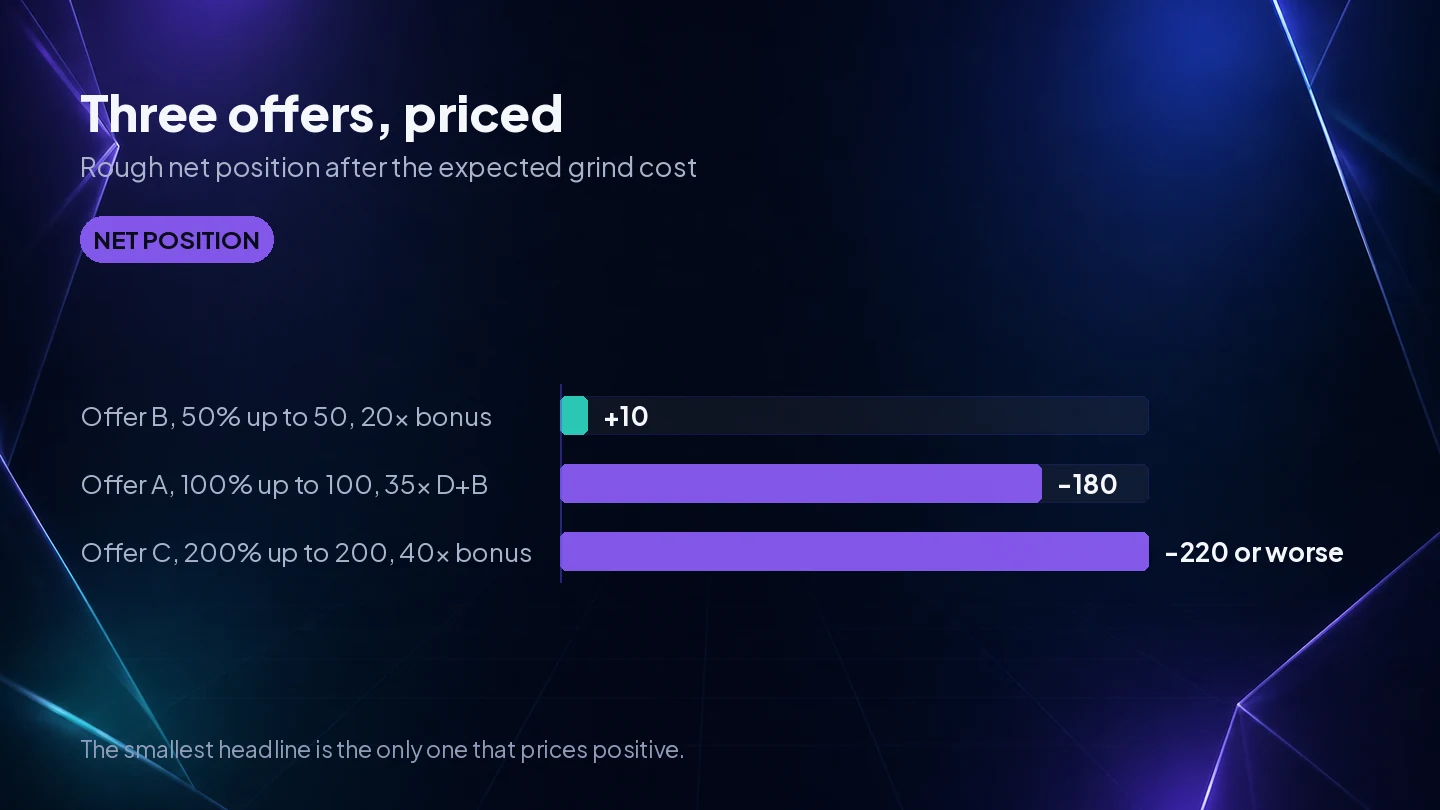 Three real bonus offers priced by net position, where the smallest headline is the only one that comes out positive