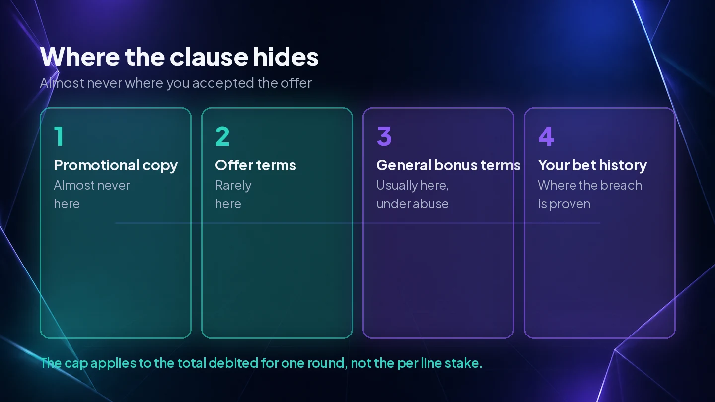 The four places a max bet clause can live, showing it usually sits in the general bonus terms rather than the offer you accepted