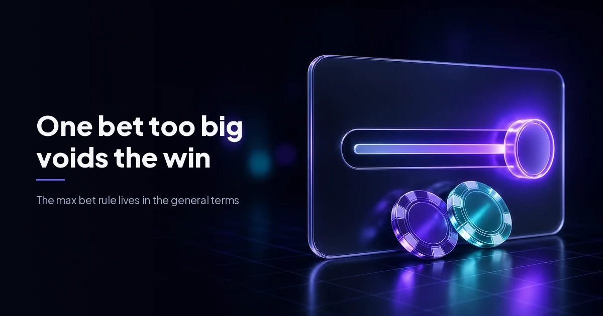 A glass slider pushed to its end stop beside two casino chips, cover image for max bet rules and voided wins