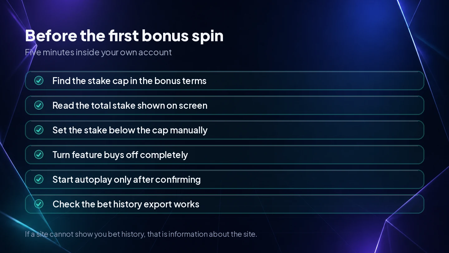 A six point check inside a casino account before the first bonus spin, from finding the stake cap to confirming bet history is exportable