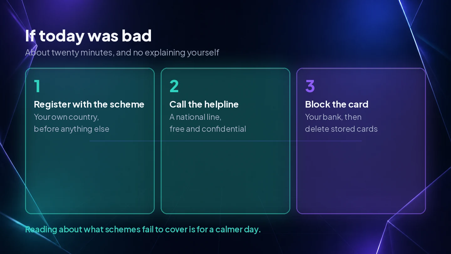 Three first steps after a bad gambling day, registering with the national scheme, calling a helpline and blocking the card at the bank