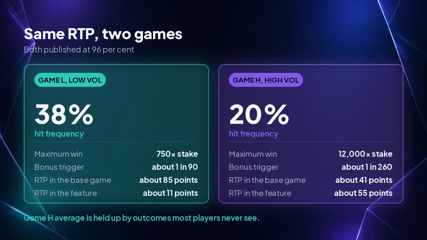 Two slots published at the same 96 per cent return, compared on hit frequency, maximum win, bonus trigger rate and where the return is held