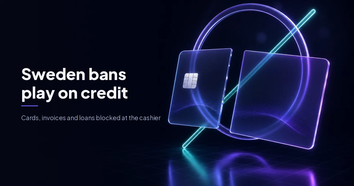 A glass payment card split in two behind a barred glowing ring, cover image for the Swedish credit ban