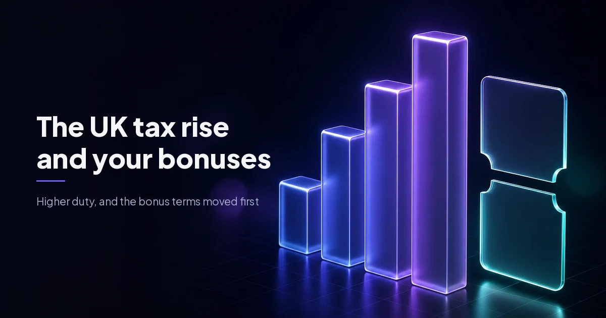 Four rising glass columns beside a glass voucher broken in two, cover image for the UK gambling tax rise