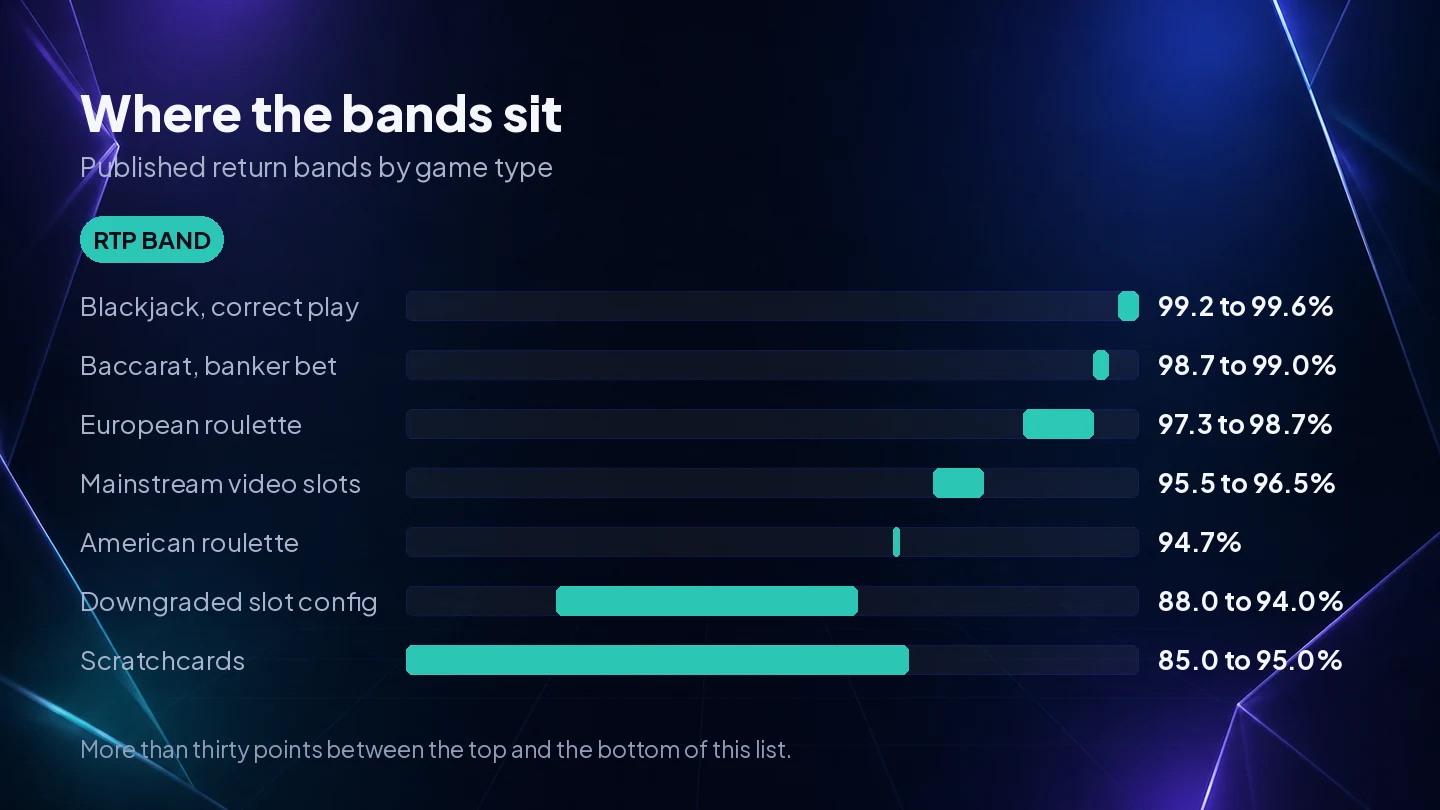 Published return to player bands by game type, spanning more than thirty percentage points from blackjack down to scratchcards