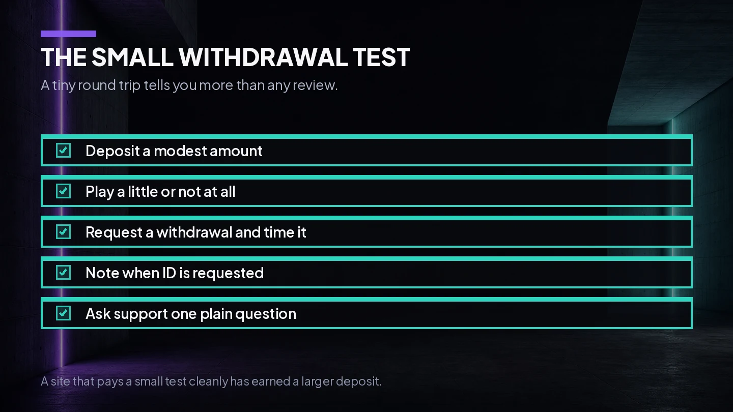 Checklist of the small deposit and withdrawal test used to judge a new casino cashier before committing real money