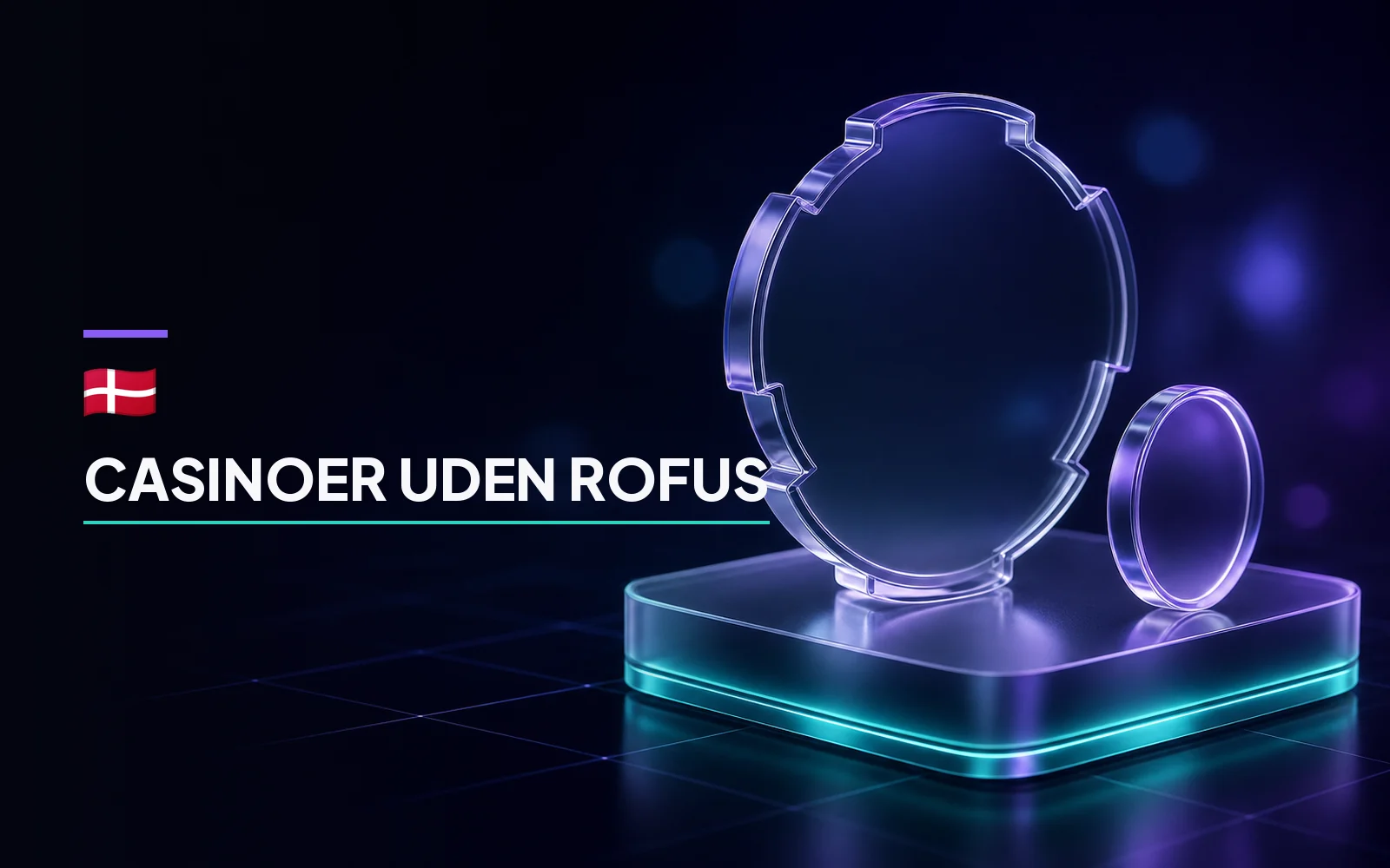 A notched glass seal disc on a plinth with a teal rim and a glass coin balanced on its edge, captioned Casinoer Uden ROFUS