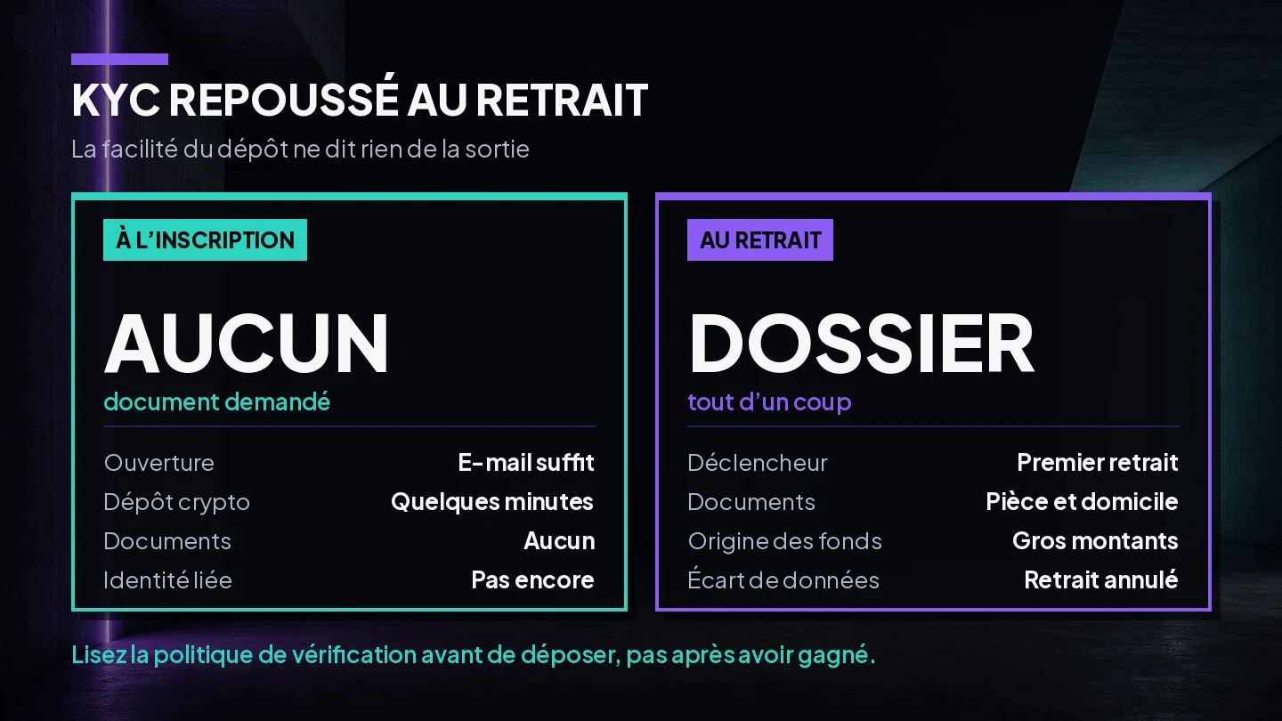 Schéma montrant la différence entre jouer sans vérification et le contrÎle KYC repoussé au retrait