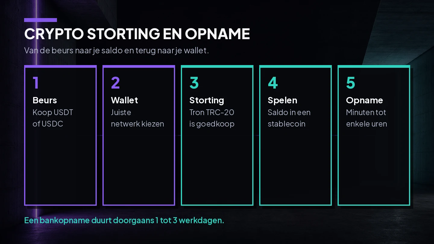 Schema van een crypto storting en opname, van wallet naar saldo en terug