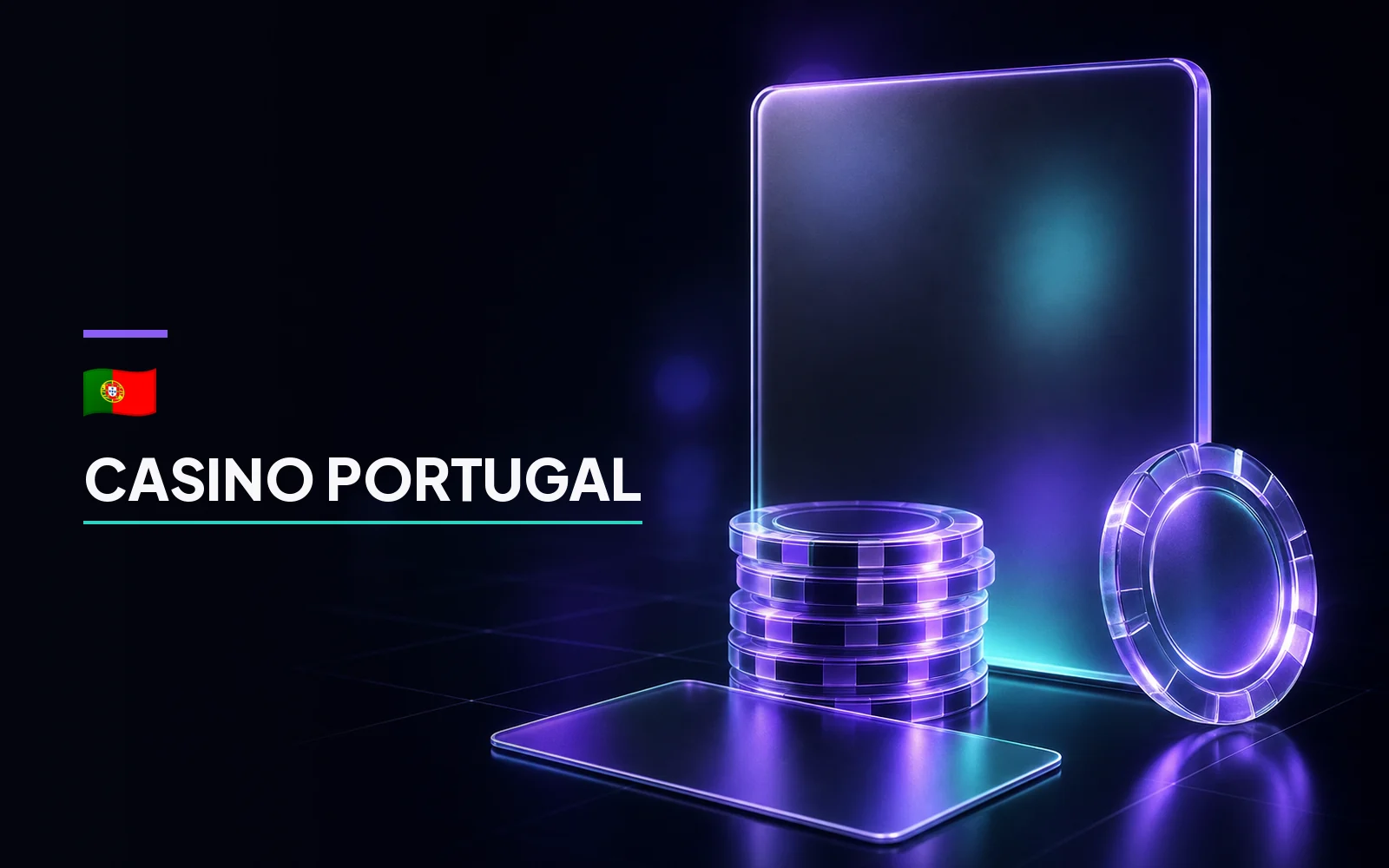 A tall glass panel with a notched seal disc leaning against it, a stack of casino chips and a playing card lying flat, captioned Casino Portugal