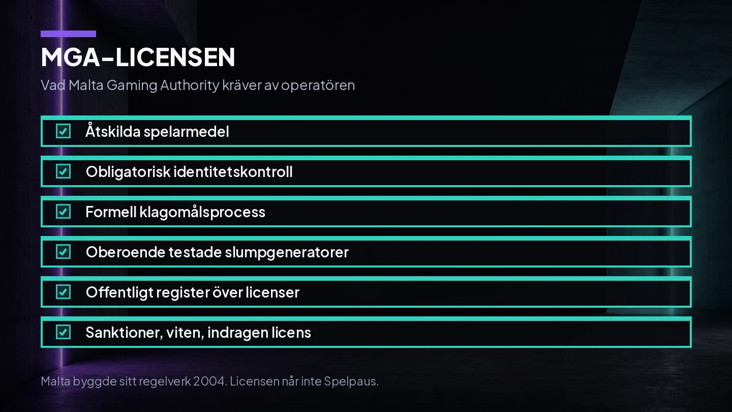 Lista över vad en MGA-licens frÄn Malta krÀver av operatören, frÄn Ätskilda spelarmedel till oberoende testade slumpgeneratorer