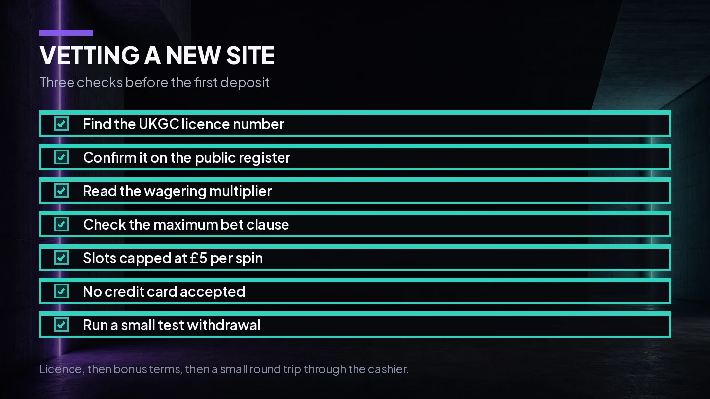 Checklist a UK player uses to judge whether a brand-new casino site is worth a deposit, from the licence number to a small test withdrawal