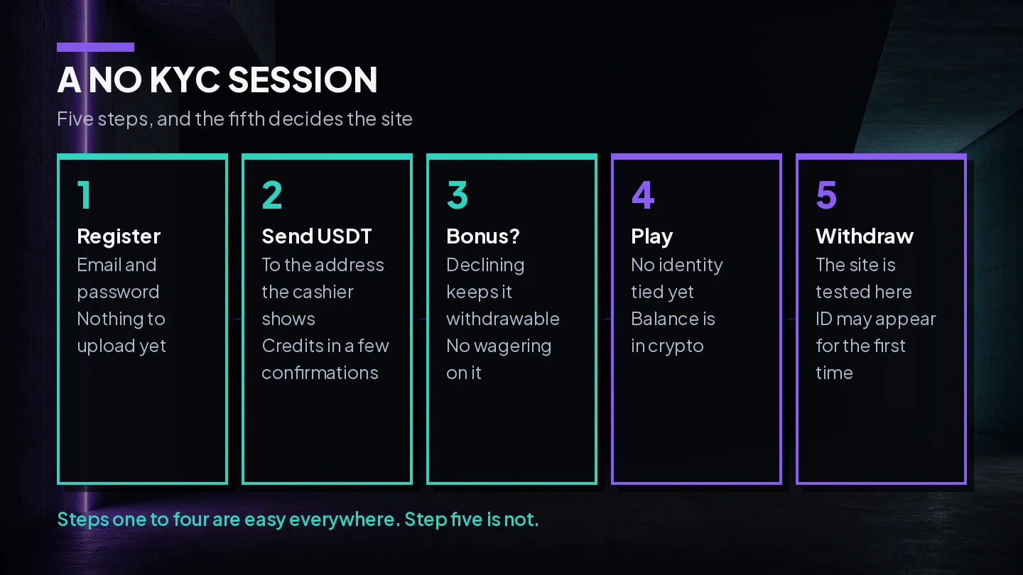 Flow of a no KYC session, from an email signup and a stablecoin deposit through play to the withdrawal that tests the site