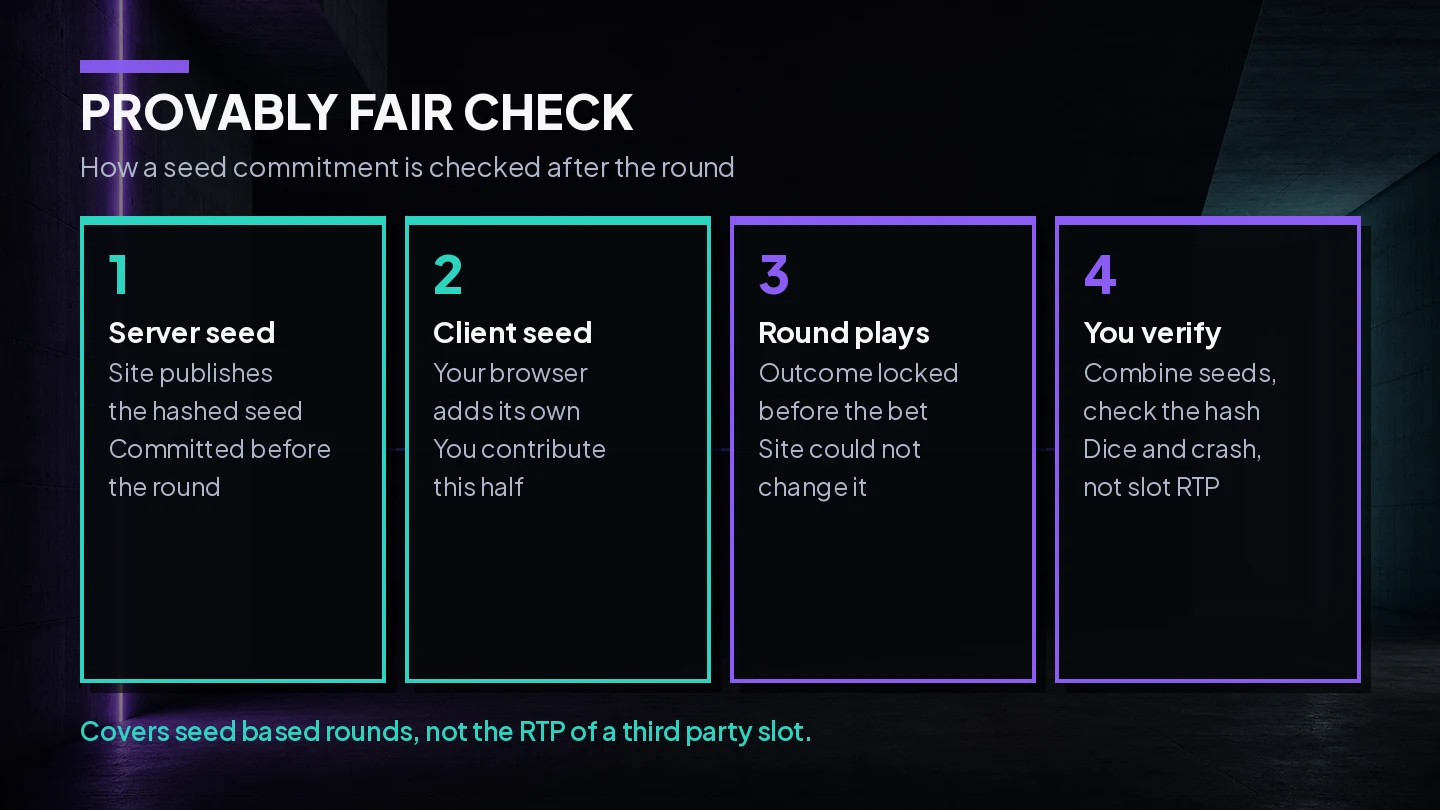 Illustration of a provably fair round, from the published server seed hash to the player check that the hash matches after the round
